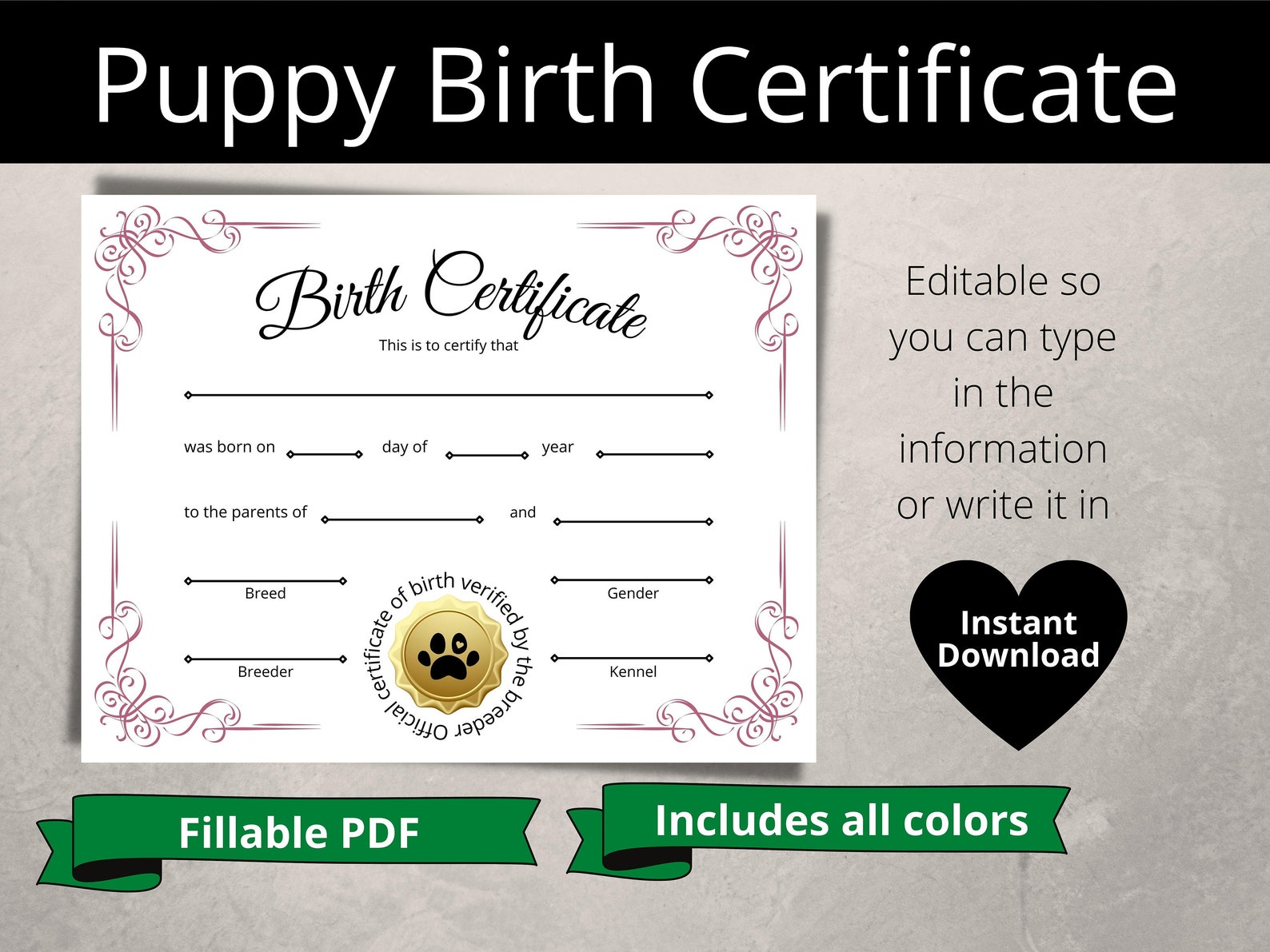 Printable Puppy Birth Certificate Dog Birth Certificate - Etsy Ireland