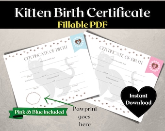 Kitten Birth Certificate | Cat Birth Certificate | New Kitten Gift | Printable and PDF Fillable