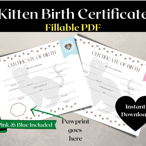 Kitten Birth Certificate | Cat Birth Certificate | New Kitten Gift | Printable and PDF Fillable