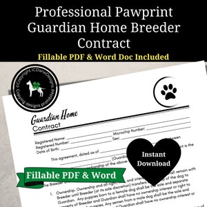 Professional Pawprint Guardian Home Dog Breeding Contract, Fillable PDF and Word Document, Instant Download