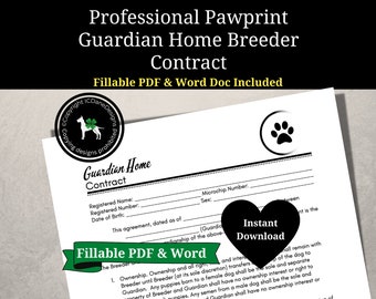 Guardian Home Dog Breeding Contract, Fillable PDF and Word, Professional Pawprint Design