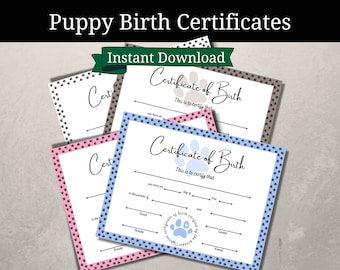 Puppy Birth Certificates, Pet Birth Certificate, Dog Birth Certificate, Official Paw Print, PDF, Printable, Instant Download