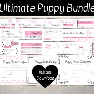 May include: A printable bundle of pink and black puppy themed planner pages. The pages include a daily agenda, weekly agenda, monthly plan, puppy notes, grooming tracker, puppy potty log, dog walking tracker, medication tracking, puppy profile, socialization checklist, and puppy birth certificates. The text "Ultimate Puppy Bundle" is at the top of the image. The text "Instant Download" is in a black heart shape.