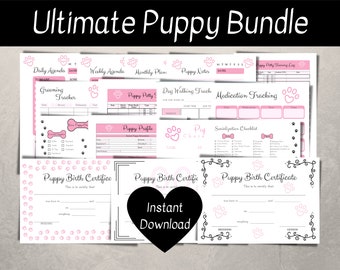 May include: A printable bundle of pink and black puppy themed planner pages. The pages include a daily agenda, weekly agenda, monthly plan, puppy notes, grooming tracker, puppy potty log, dog walking tracker, medication tracking, puppy profile, socialization checklist, and puppy birth certificates. The text "Ultimate Puppy Bundle" is at the top of the image. The text "Instant Download" is in a black heart shape.
