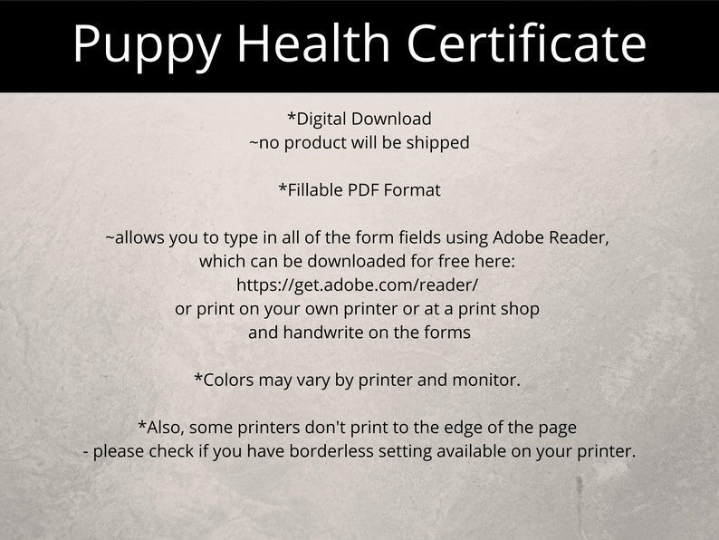 Printable Puppy Health Certificate Editable PDF Veterinarian Health Certificate Puppy Health ...
