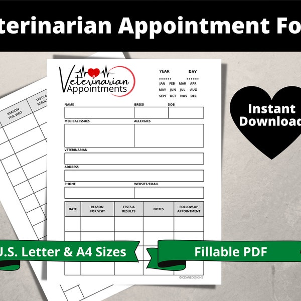 Veterinarian Appointment Form | Vet Visit Record | Pet Medical Record | Puppy Medical Record | Cat Medical Record | Vaccination Forms