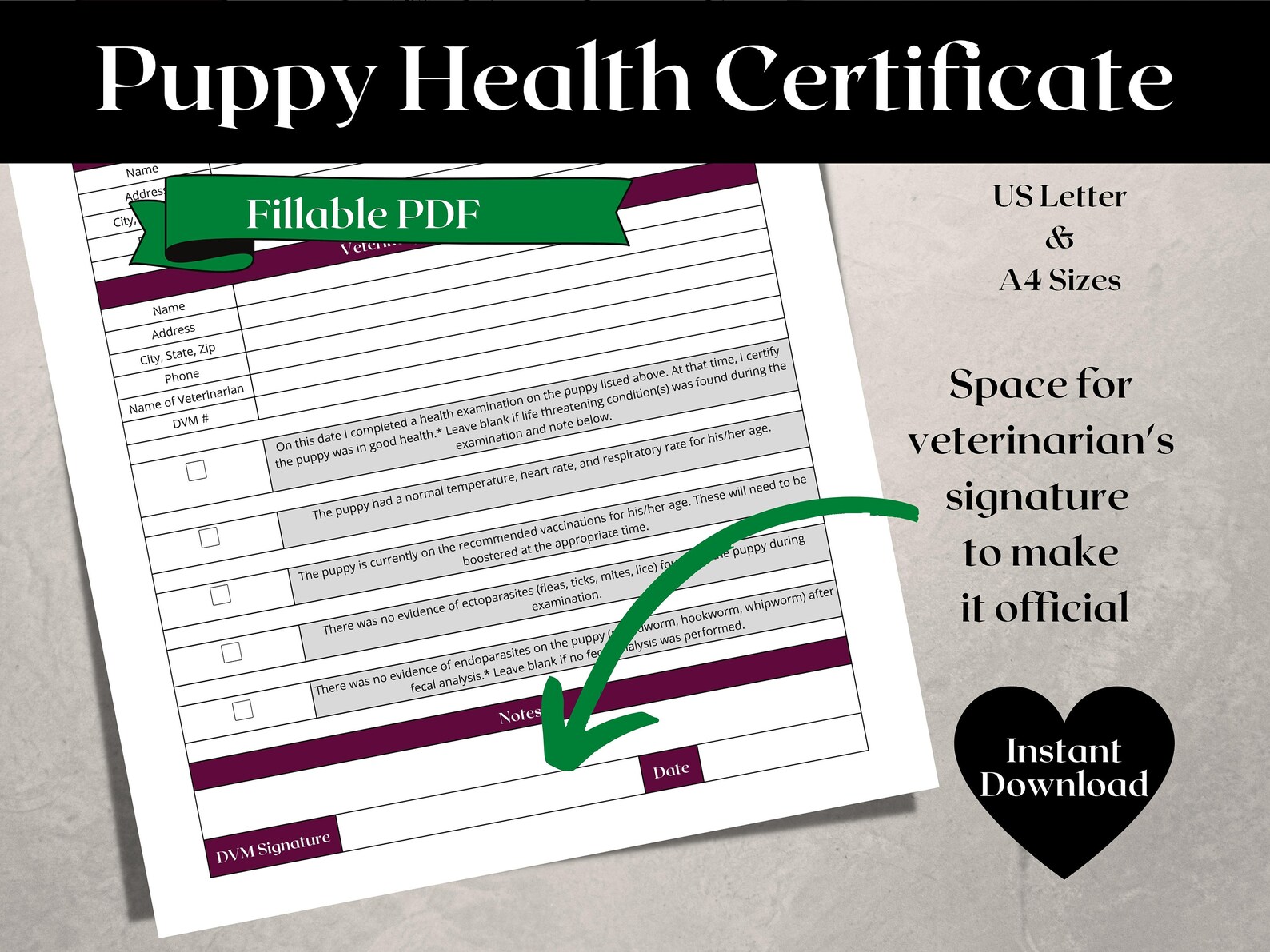 Printable Puppy Health Certificate Editable PDF Veterinarian Health Certificate Puppy Health ...