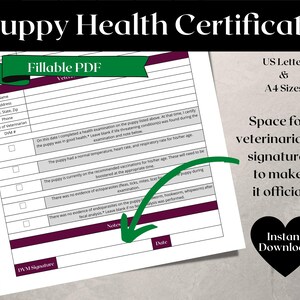 Printable Puppy Health Certificate Editable PDF Veterinarian Health Certificate Puppy Health ...