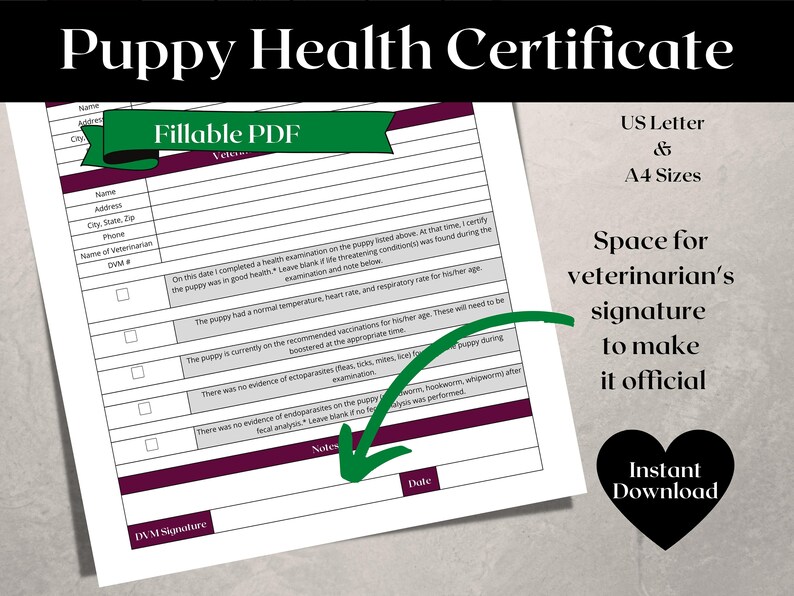 Printable Puppy Health Certificate Editable PDF Veterinarian Health Certificate Puppy Health ...