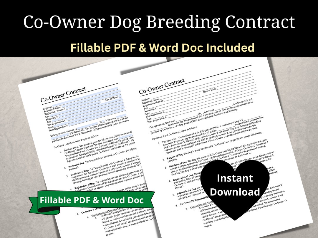 Coowner Dog Breeder Contract, Dog Breeding Contract for Show Dogs or Coowner Dog Breeder Contract, Dog Breeding Contract for Show Dogs or