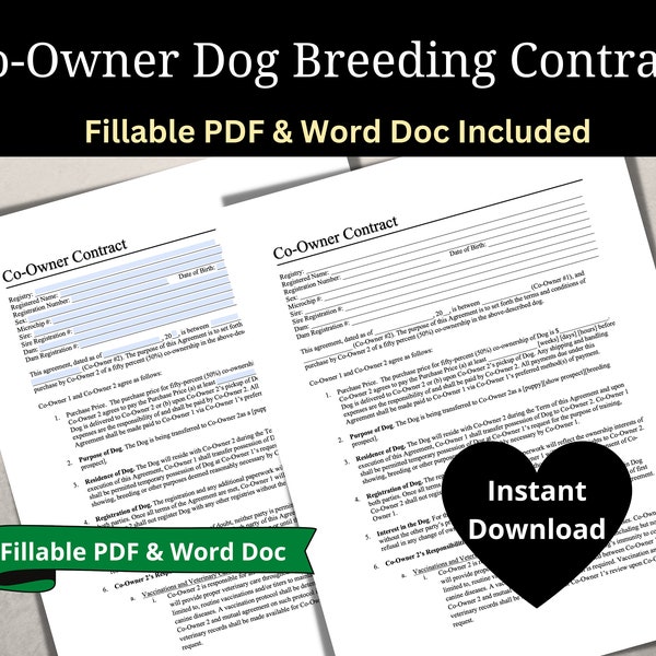Co-Owner Dog Breeder Contract,  Dog Breeding Contract for Show Dogs or Breeding Dogs, Dog Breeder Agreement, Fillable PDF & Word Document