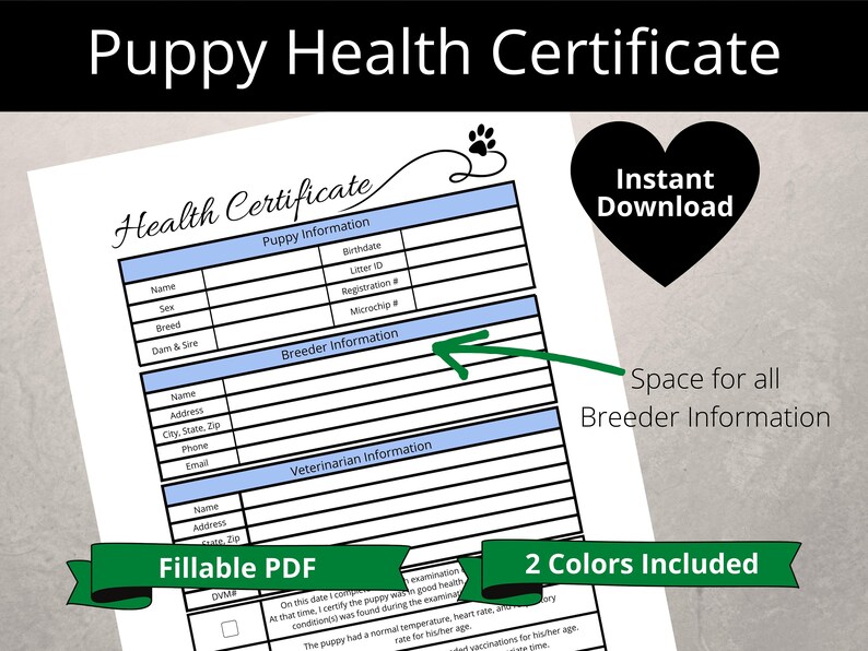 Printable Puppy Health Certificate Editable PDF Veterinarian Health Certificate Puppy Health ...