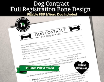 Dog Breeder Contract and Health Guarantee, Full Registration Dog Breeding Contract, Fillable PDF & Word Document
