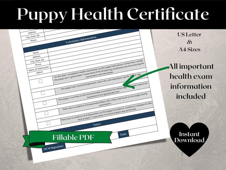 Printable Puppy Health Certificate Editable PDF Veterinarian Health Certificate Puppy Health ...