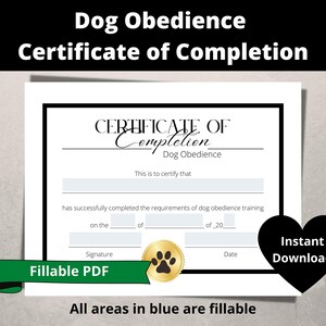 Dog Obedience Certificate of Completion Fillable PDF - Etsy