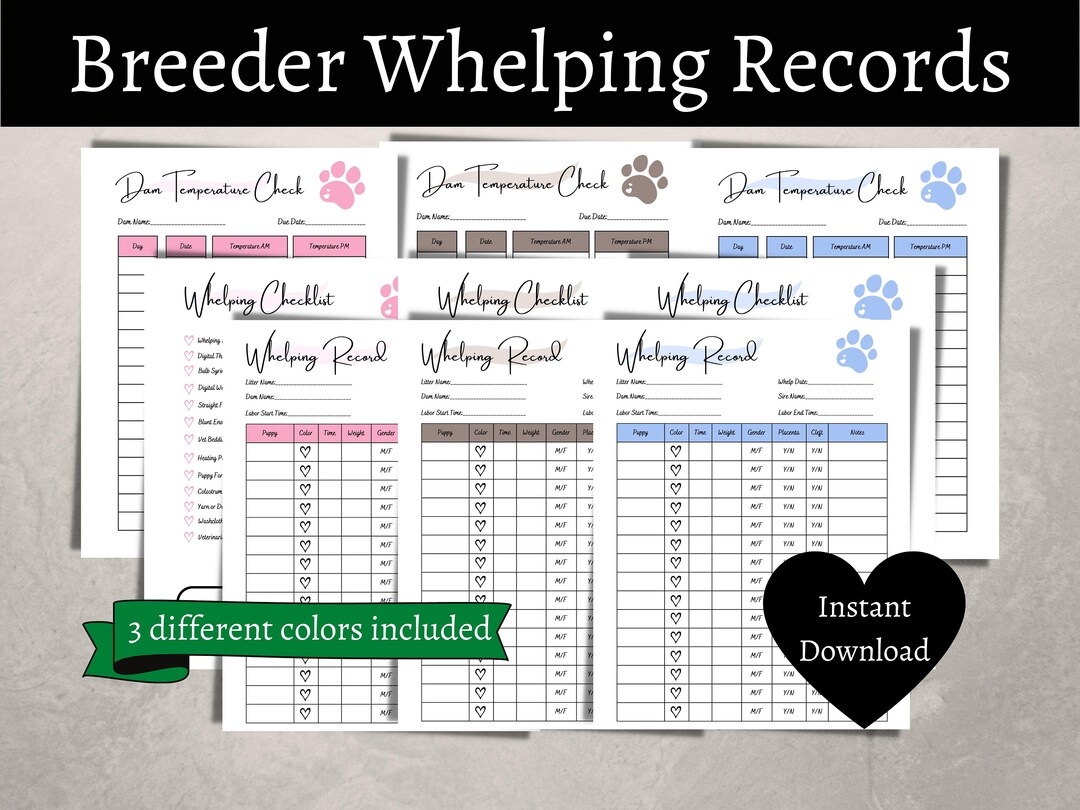 Dog Breeder Whelping Records, Dam Temperature Check, Whelping Checklist