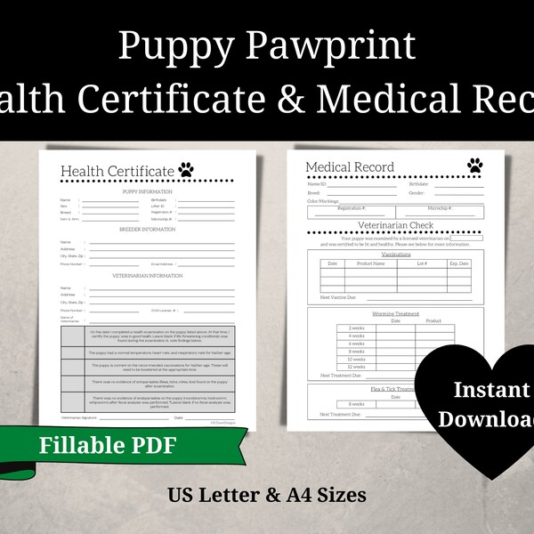 Puppy Health Certificate and Medical Record Bundle, Puppy Health Record, Puppy Vaccination Record, Dog Breeder Records, Dog Vaccination Form