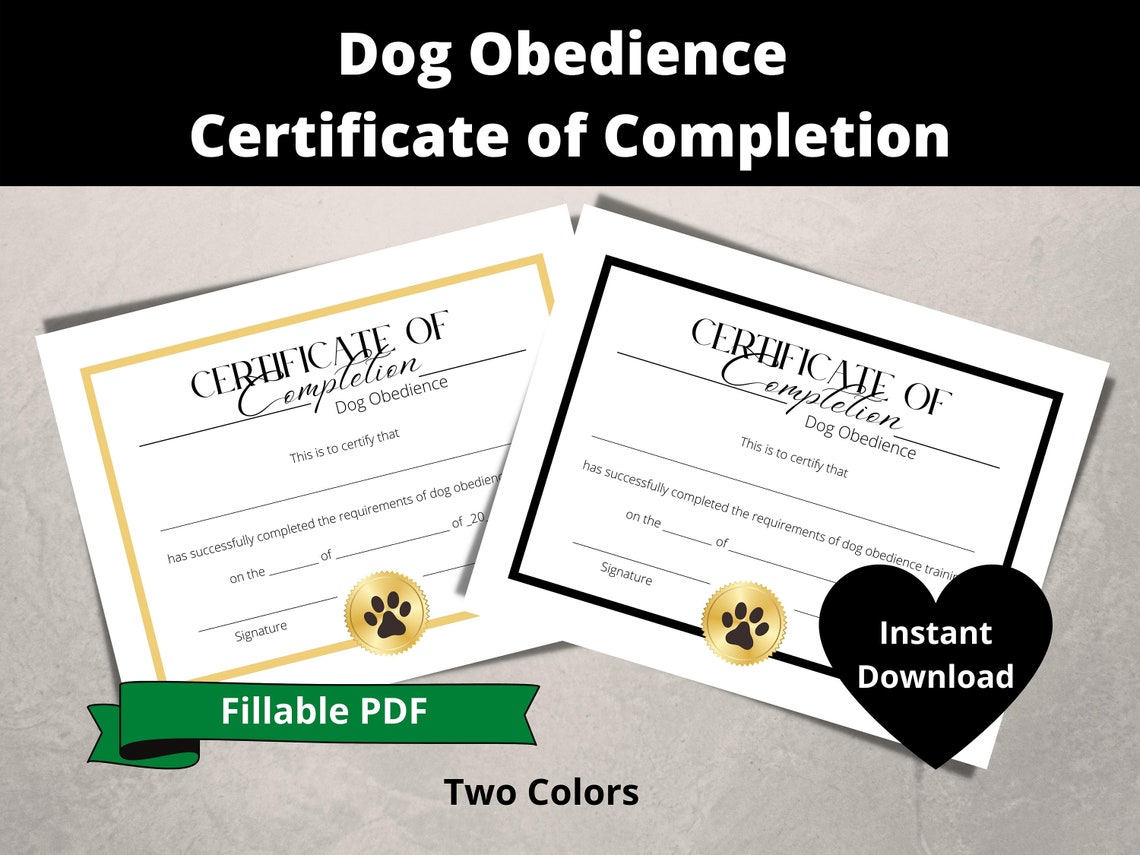 Dog Obedience Certificate of Completion Fillable PDF - Etsy