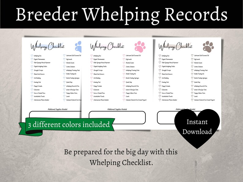 Dog Breeder Whelping Records, Dam Temperature Check, Whelping Checklist