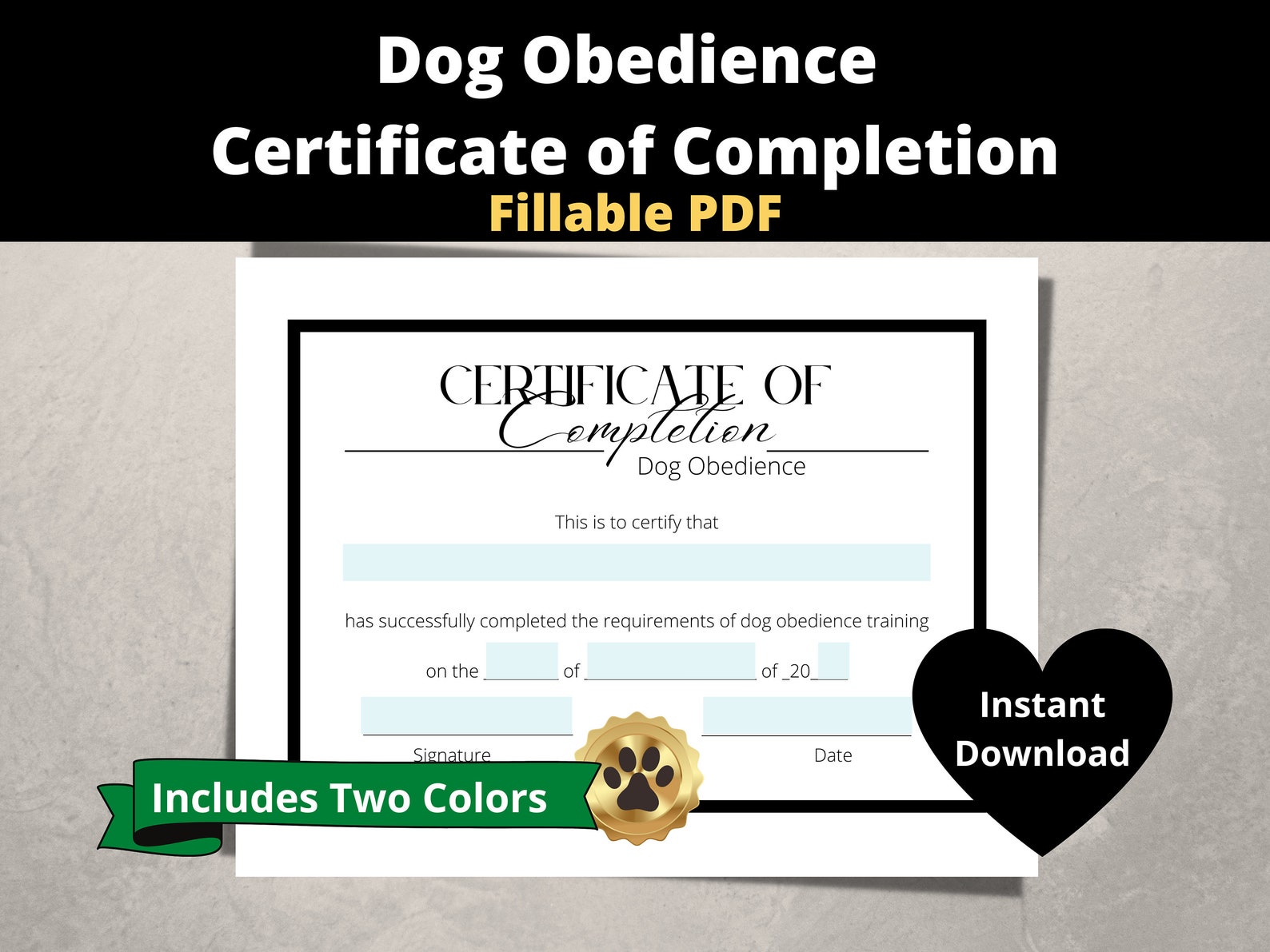 Dog Obedience Certificate of Completion, Fillable PDF, Printable ...