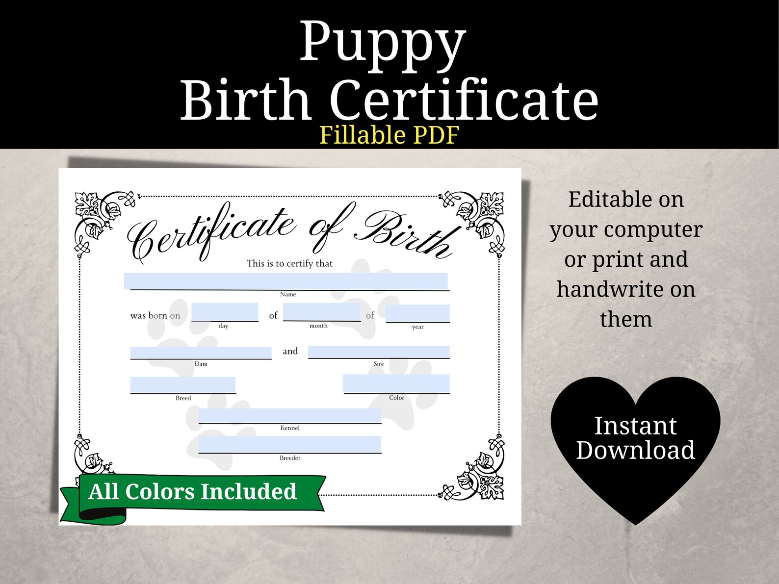 Printable Puppy Birth Certificate - Customize With Any Dog's Info, Easy Fillable PDF, Multiple ...