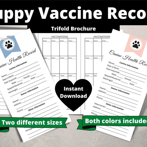 Puppy Vaccination Record | Dog Canine Vaccination Record | Vet Visit | Vet Record | Dog Health Record