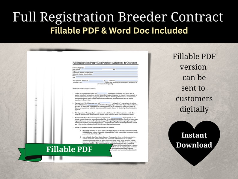 Dog Breeder Full Registration Contract and Guarantee, Dog Breeder Contract, Dog Breeder