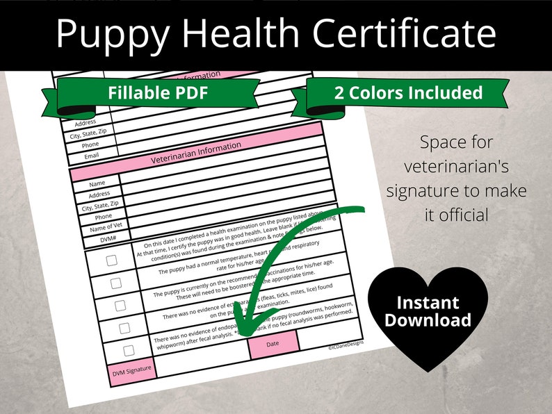 Printable Puppy Health Certificate Editable PDF Veterinarian Health Certificate Puppy Health ...