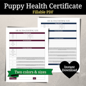 Pode incluir: Dois certificados de saúde para cachorros imprimíveis em cores e tamanhos diferentes. Os certificados são PDFs preenchíveis e incluem seções para informações do filhote, informações do criador e informações do veterinário. O texto "Download instantâneo" é visível na imagem.