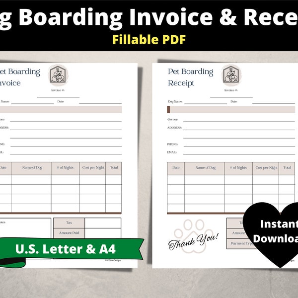 Pet Boarding Invoice and Receipt | Pet Daycare Invoice and Receipt | Pet Sitting Invoice & Receipt | Fillable PDF