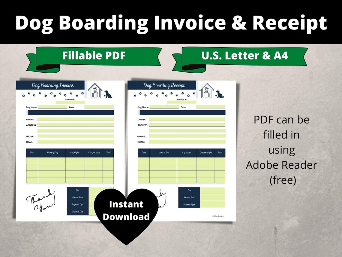 Dog Boarding Invoice and Receipt Printable Fillable PDF Etsy Australia Dog Boarding Invoice and Receipt Printable Fillable PDF Etsy Australia