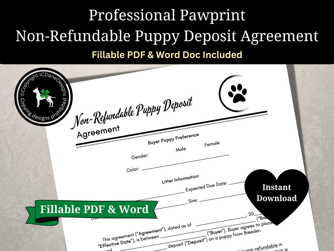 Dog Breeder Contract, Non-refundable Deposit Agreement, Puppy