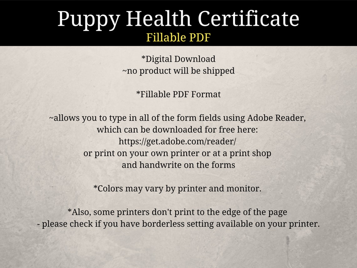 Printable Puppy Health Certificate | Editable PDF | Veterinarian Health Certificate | Puppy ...