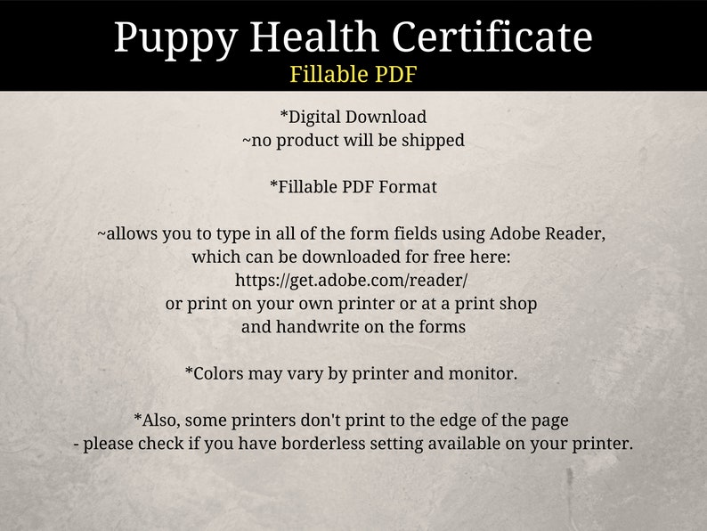 Printable Puppy Health Certificate | Editable PDF | Veterinarian Health ...