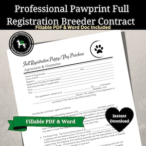 Pode incluir: Um contrato de compra de cachorro ou cão de registro completo, imprimível em preto e branco, para um acordo e garantia de criador. O documento inclui campos para o nome do cão, data de nascimento, registro, número de registro, número de microchip, mãe, sexo e assinatura. O documento também inclui uma seção para que o criador e o comprador concordem com o preço de compra e os termos de pagamento.