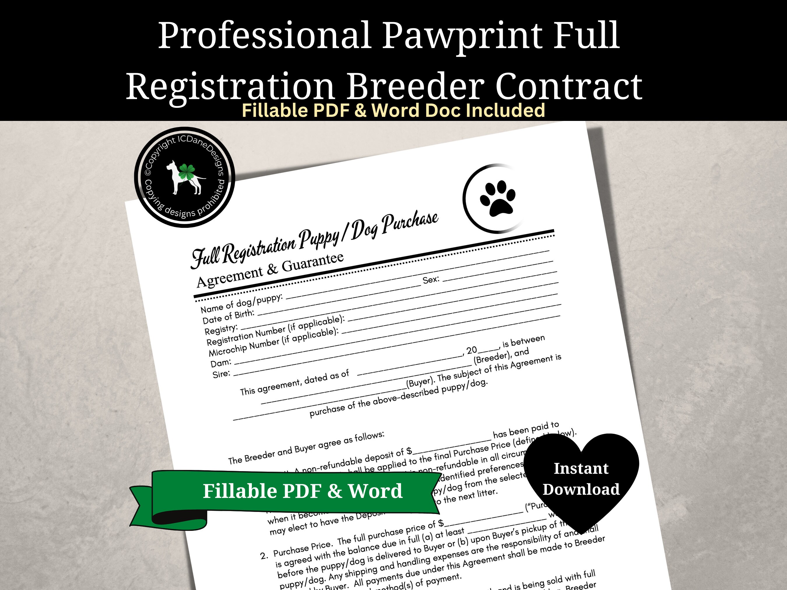 Dog Breeder Full Registration Contract and Guarantee,  Dog Breeder Contract, Dog Breeder Agreement, Fillable PDF & Word Document