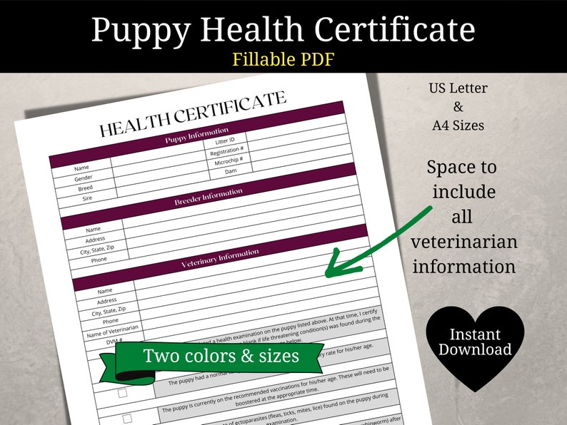 Printable Puppy Health Certificate | Editable PDF | Veterinarian Health Certificate | Puppy ...