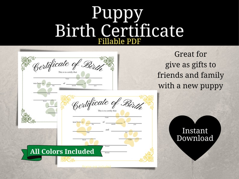 Printable Puppy Birth Certificate - Customize With Any Dog's Info, Easy ...