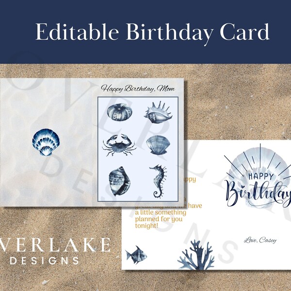 Blue Seashell Card, Happy Birthday sea creature card, Happy Birthday Mom, ocean birthday card, Happy Birthday Shells, Birthday Ocean lover