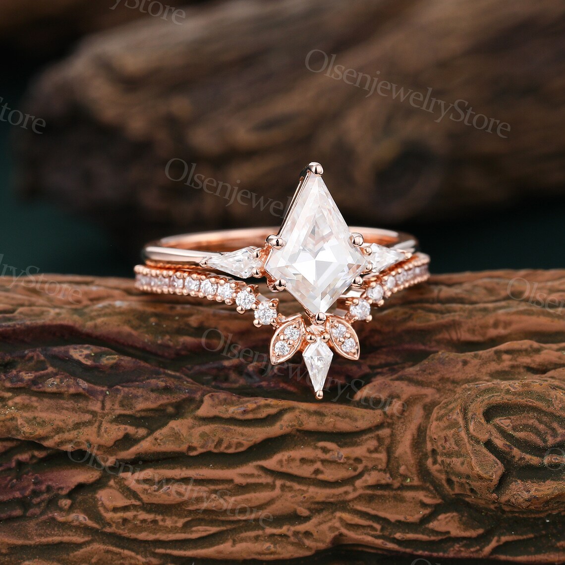 Kite Shaped Moissanite Engagement Ring Set Vintage Rose Gold Etsy