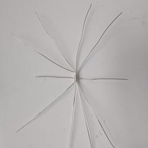 Op de afbeelding: Een zilverkleurige metalen draadstructuur met een centraal punt waar meerdere dunne draden strak om elkaar zijn gewikkeld, uitstralend in een stervormig patroon met tien afzonderlijke draadsegmenten die vanuit het midden naar buiten lopen.