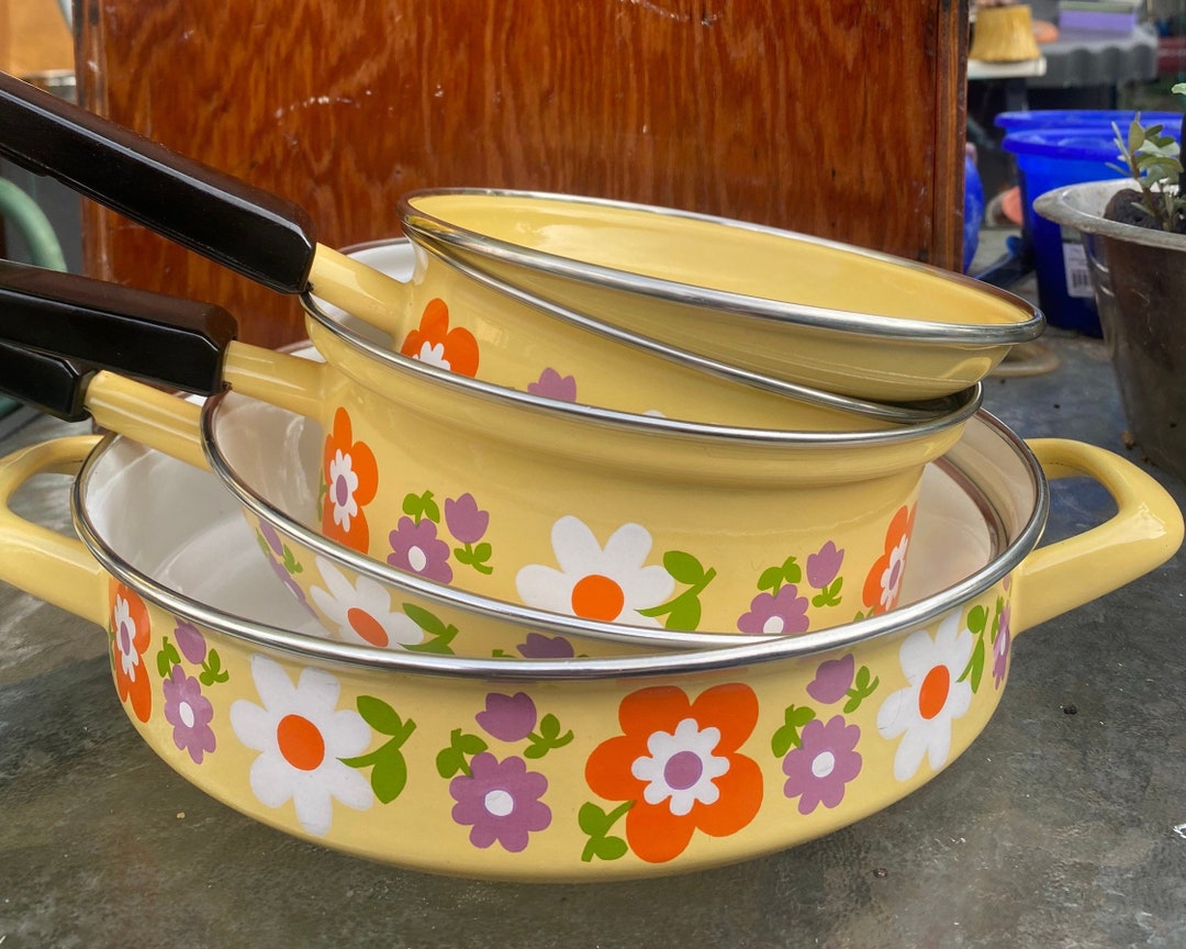 Vintage Enamelware Yellow Pots and Pans enamel Pot With Etsy