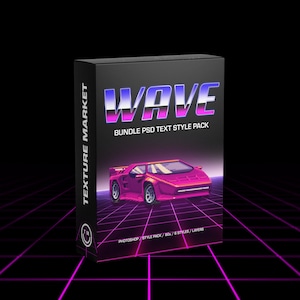 May include: Black box with the word "WAVE" in a retro font, with a purple and blue gradient. The box also features a magenta sports car graphic and the text "BUNDLE PSD TEXT STYLE PACK". The background is a grid.