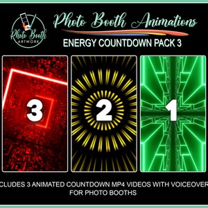 Könnte beinhalten: Drei animierte Countdown-Videos für Fotoboxen. Die Videos zeigen einen roten, gelben und grünen Hintergrund mit einer Zahl in der Mitte. Der Text "ENERGY COUNTDOWN PACK 3" befindet sich oben im Bild.