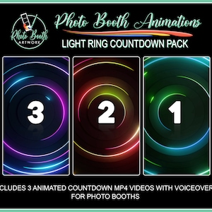 May include: Three animated countdown videos for photo booths. Each video features a colourful light ring with a number in the centre: 3, 2, and 1. The videos include voiceovers.