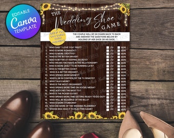 Wedding Shoe Game | Canva Customizable | Rustic Sunflowers | Fun Game For Couples At Events | Instant Download DIY Party Game | Printable