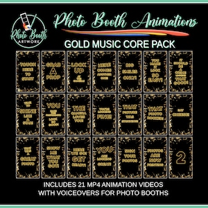 May include: A digital download of 21 MP4 animation videos with voiceovers for photo booths. The animations feature gold text on a black background with a gold glitter effect. The text includes phrases like "Touch Here to Start", "Grab a Prop", "Look Up", "Here Comes Another One", "Big Smiles Only", "You Made It Look So Easy", "It Should Be a Crime That Good", "You Shine Like a Star", "You Make the Photographer Look So Good", "The Camera Loves You", "You're Looking Fine", "That Picture Was Rockin' ", "That Photo Rockin' ", "Say Cheese", "What a Great Photo", "Show Me What You Got", "Here We Go Get Ready", "You Are Looking Great", "Sign Your Photos", "Photos Are Now Printing", and "2".