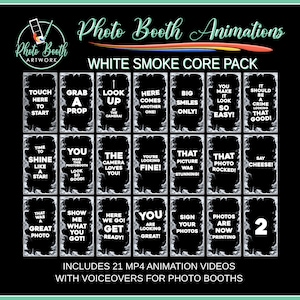 Puede incluir: Un diseño gráfico en blanco y negro con efectos de humo blanco. El diseño gráfico incluye 21 animaciones diferentes para cabinas de fotos. El texto "Photo Booth Animations" y "White Smoke Core Pack" está incluido en el diseño gráfico. El texto "Includes 21 MP4 Animation Videos with Voiceovers for Photo Booths" también está incluido en el diseño gráfico.
