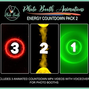 Könnte beinhalten: Drei animierte Countdown-Videos für Fotoboxen. Die Videos zeigen einen roten, gelben und grünen Hintergrund mit einer weißen Zahl in der Mitte. Der Text "ENERGY COUNTDOWN PACK 2" befindet sich oben im Bild.