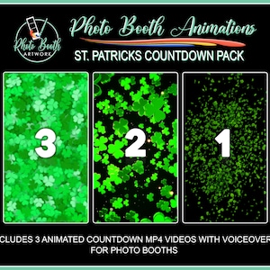 Könnte beinhalten: Drei animierte Countdown-Videos für Fotoboxen mit St. Patricks Day-Thema. Die Videos zeigen grüne Kleeblätter auf schwarzem Hintergrund mit den Zahlen 3, 2 und 1.